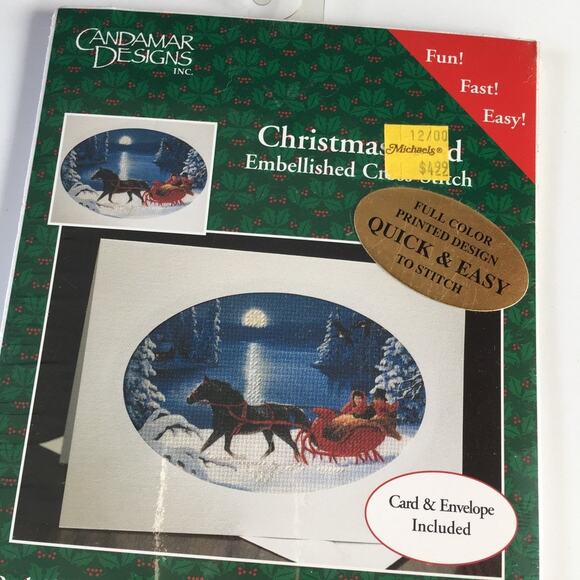 Candamar Designs Embellished Cross Stitch 5"x7" Christmas Card Kit Red Sleigh - Picture 7 of 8